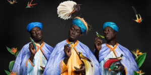 three self-portraits of the artist, holding birds. Black Voices, Untold Stories: A Look into Omar Victor Diop's Photography