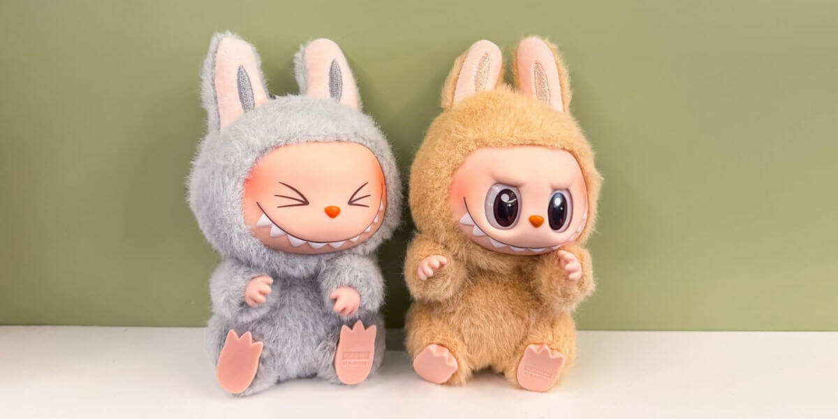 Two Pop Mart Labubu plush toys dressed in fluffy bunny suits, symbolizing kidcore fashion and 2000s nostalgia culture.