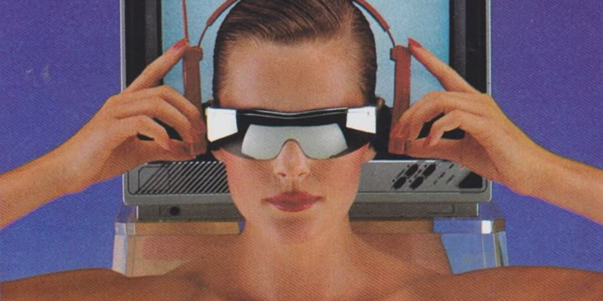 A woman wearing futuristic sunglasses and headphones in front of a vintage CRT monitor, evoking a retro-futuristic aesthetic.