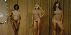 Models posing in nude bodysuits with pixelated pubic areas for Skims representing the controversy and normalization of women’s body hair in modern culture.