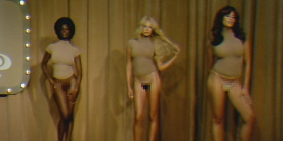 Models posing in nude bodysuits with pixelated pubic areas for Skims representing the controversy and normalization of women’s body hair in modern culture.