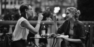 Black-and-white photo of two women sharing an intimate outdoor meal at a small café table, representing a reflective moment about evolving adult friendships; image is a scene from the film Frances Ha.