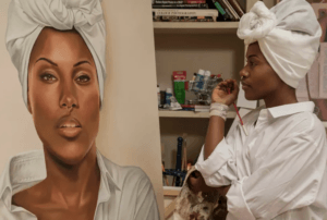 Nola Darling from She's Gotta Have It looking at art, representing the humanities, personal reflection, and creative resistance.