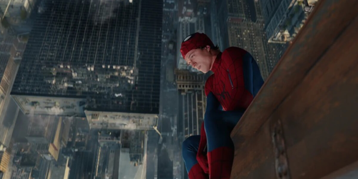 Spider-Man crouches high above a city skyline at night, symbolizing Hollywood blockbuster franchises, film industry monopolies, franchise fatigue, and the debate over creativity versus profit in modern cinema.