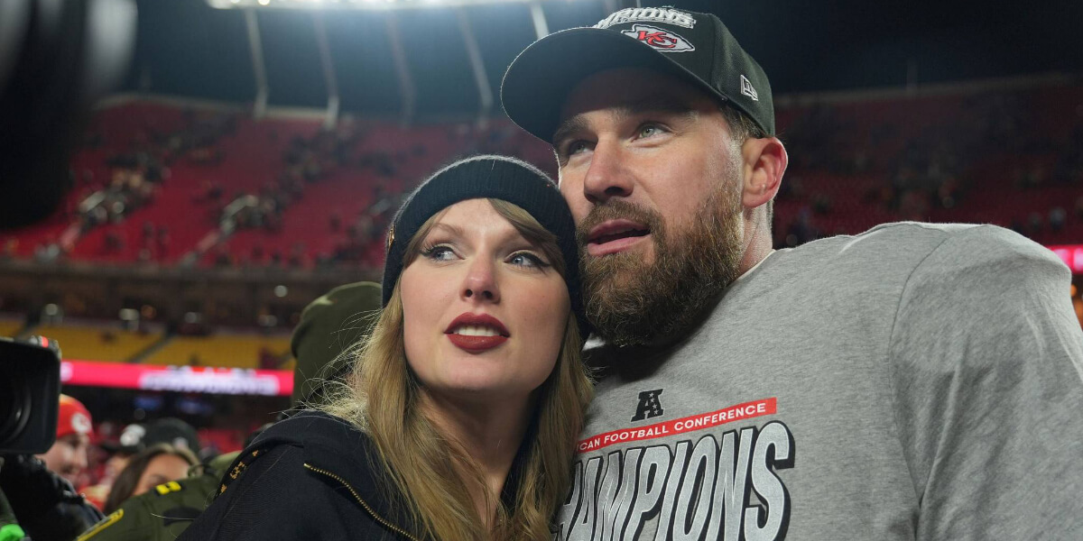 Pop star and professional football player posing together at a football stadium